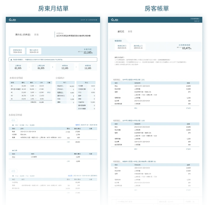 租金財務追蹤，系統自動化生成專業帳單，代管好輕鬆